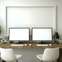 trabalhando Lugar, colocar mesa dois monitor com em branco quadro, Armação Alto resolução. ai generativo foto