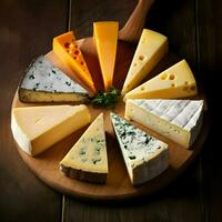 diferente tipos do queijo cortar para dentro fatias liderar Fora em de madeira borda. Alto resolução. ai generativo foto