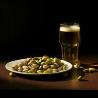 pistachios em uma prato e Cerveja dentro a vidro. Alto resolução. ai generativo foto
