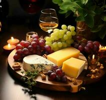 orgânico uva e queijo em de madeira prato. alta resolução. ai generativo foto