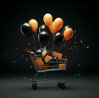 Preto Sexta-feira poster com balões e compras carrinhos. alta resolução. ai generativo foto