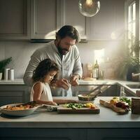 Papai com uma criança de 5 anos criança cozinhando dentro a branco cozinha. alta resolução. ai generativo foto