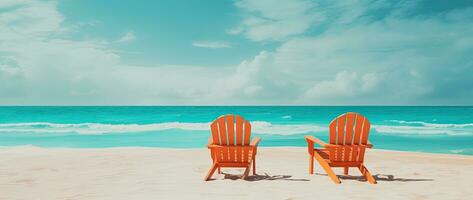 de praia cadeiras em tropical arenoso de praia com turquesa oceano água ai gerado foto