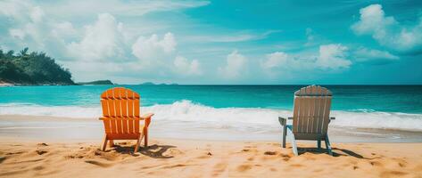 de praia cadeiras em tropical arenoso de praia com turquesa oceano água ai gerado foto