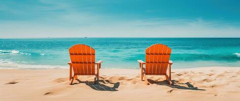 de praia cadeiras em tropical arenoso de praia com turquesa oceano água ai gerado foto