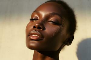 retrato do uma lindo africano americano mulher com Sombrio pele e natural Maquiagem ai gerado foto