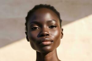 retrato do uma lindo africano americano mulher com Sombrio pele e natural Maquiagem ai gerado foto