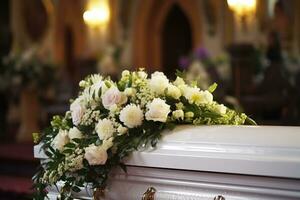 fechar-se tiro do uma colorida caixão dentro uma carro fúnebre ou capela antes velório ou enterro às cemitério ai gerado foto