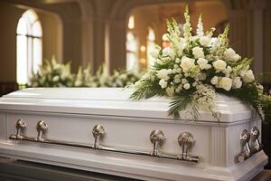 fechar-se tiro do uma colorida caixão dentro uma carro fúnebre ou capela antes velório ou enterro às cemitério ai gerado foto