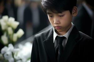 retrato do pequeno ásia Garoto com triste expressão.funeral conceito ai gerado foto