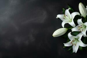 lindo branco lírio flores em Preto fundo com cópia de espaço.funeral conceito ai gerado foto