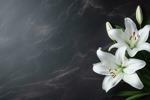 lindo branco lírio flores em Preto fundo com cópia de espaço.funeral conceito ai gerado foto