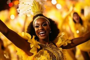 uma mulher dançando em a brasileiro carnaval dentro uma poderoso fantasia.ai generativo foto