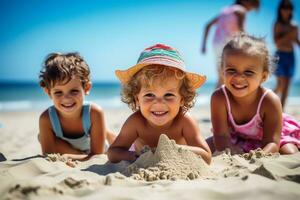 feliz crianças jogando dentro a areia às uma praia.ai generativo foto