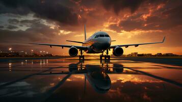 ampla passageiro avião em a pista às pôr do sol. período de férias viagem e voos conceito foto