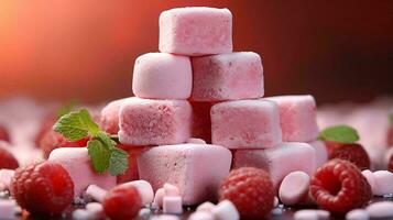 Rosa doce delicioso baga sobremesa marshmallow com cereja e framboesa foto