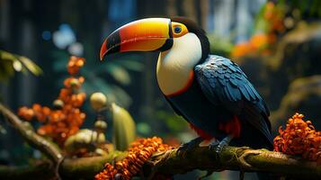 lindo papagaio com uma ampla bico dentro uma tropical selva pássaro foto