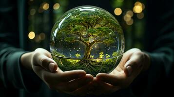 verde natural ambientalmente amigáveis madeira dentro uma vidro cúpula esfera. conceito verde energia ecologista e Cuidado para a meio Ambiente foto