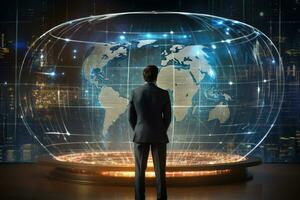 homem de negocios olhando às holograma tela com mundo mapa e noite cidade, homem de negocios trabalhando em uma holograma mostrando global mapa, traseiro visualizar, ai gerado foto