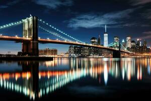 Brooklyn ponte e Manhattan Horizonte às noite, Novo Iorque cidade, Brooklyn ponte noite exposição, ai gerado foto