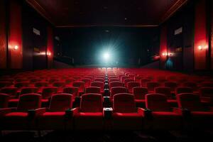 esvaziar cinema auditório com linhas do vermelho assentos iluminado de holofotes, brilhante esvaziar vermelho assentos dentro cinema linhas, ai gerado foto