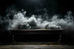 uma de madeira mesa cercado de Preto fumaça em Preto fundo foto