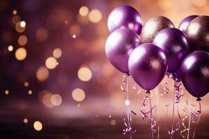colorida balões e confete crio uma lindo aniversário atmosfera em roxa foto