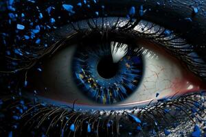 brilhante azul e azul linhas dispersar depois de explosão formando volumétrico humano azul olho modelo foto