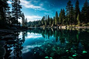 uma cristal lago refletindo a constelações do a universo foto