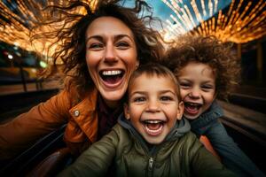 animado mãe e dela dois crianças experiência alegria em montanha russa foto