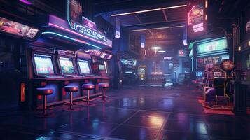 generativo ai, cyberpunk estilo jogos Barra ou cafeteria. noite cena do grande cidade, futurista nostálgico anos 80, anos 90. néon luzes vibrante cores, fotorrealista horizontal foto