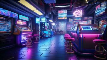 generativo ai, cyberpunk estilo jogos Barra ou cafeteria. noite cena do grande cidade, futurista nostálgico anos 80, anos 90. néon luzes vibrante cores, fotorrealista horizontal foto