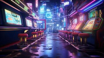 generativo ai, cyberpunk estilo jogos Barra ou cafeteria. noite cena do grande cidade, futurista nostálgico anos 80, anos 90. néon luzes vibrante cores, fotorrealista horizontal foto