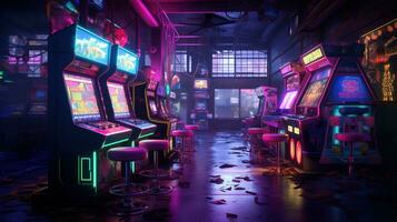 generativo ai, cyberpunk estilo jogos Barra ou cafeteria. noite cena do grande cidade, futurista nostálgico anos 80, anos 90. néon luzes vibrante cores, fotorrealista horizontal foto