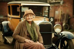 antiquado americano velho mulher carro 1920 ano. gerar ai foto