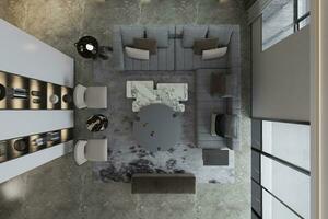 uma magnificência vivo quarto com declaração mobília peças interior Projeto topo Visão 3d Renderização foto