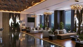 criando uma caloroso e acolhedor recepção interior para seu lobby com moderno mobília para uma hotel interior Projeto 3d Renderização foto