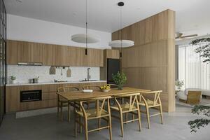 lindo de madeira conceito para jantar porra cozinha Onde a disposição com de madeira móveis, plantas. natureza tema 3d Renderização foto