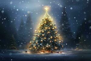 Natal árvore dentro inverno floresta com luzes e flocos de neve. 3d ilustração, Natal árvore com enfeites e borrado brilhante luzes, ai gerado foto