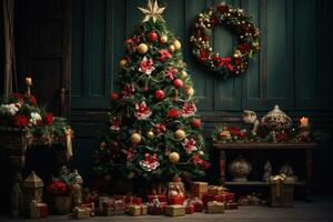 lindo Natal árvore com apresenta dentro a sala. vintage estilo, Natal árvore com decorações, ai gerado foto