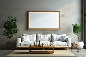 ai generativo branco sofá e uma ampla emoldurado cenário suspensão em a parede foto