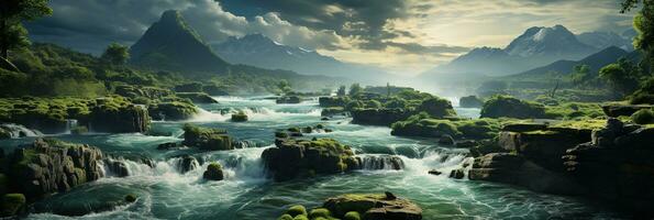 generativo ai, lindo verde Amazonas floresta paisagem, floresta tropical selva com cachoeiras foto