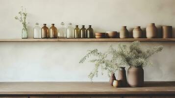 generativo ai, cozinha interior, minimalista japonês wabi sabi estilo, silenciado natural neutro cores foto