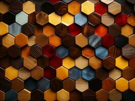 abstrato de madeira desatado hexagonal mosaico azulejos fundo com hexágonos cubos dentro de madeira textura generativo ai foto