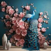 luxo flores com pavão ilustração fundo. 3d interior mural pintura e parede arte decoração generativo ai foto