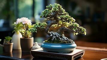 lindo em vaso bonsai ornamental plantas generativo ai foto