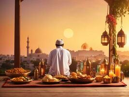 muçulmano tendo iftar às pôr do sol azan dentro piedosos Ramadã mês com cópia de espaço bandeira, gerar ai foto