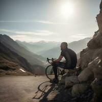 uma ciclista levando uma pausa em uma cênico montanha estrada generativo ai foto