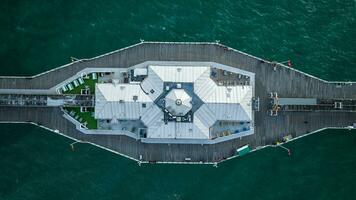 aéreo imagem do Brighton cais dentro cedo tarde ocupado de uma drone, leste sussex, Reino Unido foto