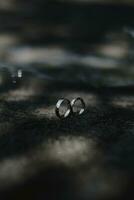 dois Casamento argolas sentado em a terra foto